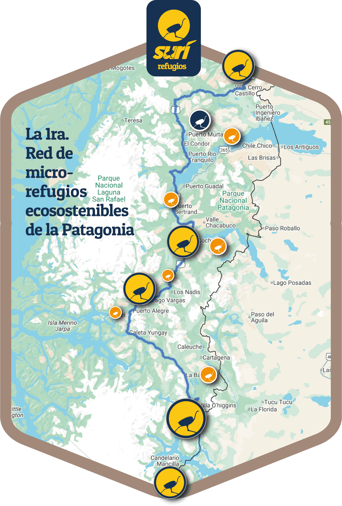 Mappa della Carretera Austral sud, da Cerro Castillo a Candelario Mancilla, con i punti della rete SURí Refugios lungo la strada