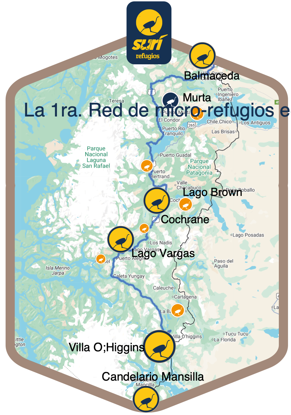 Esquema de la Carretera Austral sur, de Balmaceda a Villa O'Higgins, con los ocho puntos de la red SURí Refugios, los puntos de devolución de e-bikes y el cruce a El Chaltén